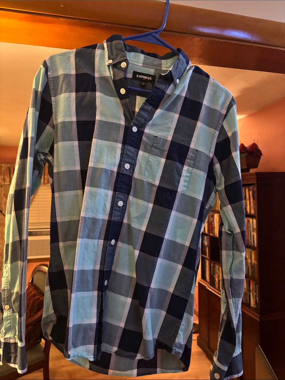 Express Men’s Navy & Light Green Plaid Button-Down Shirt